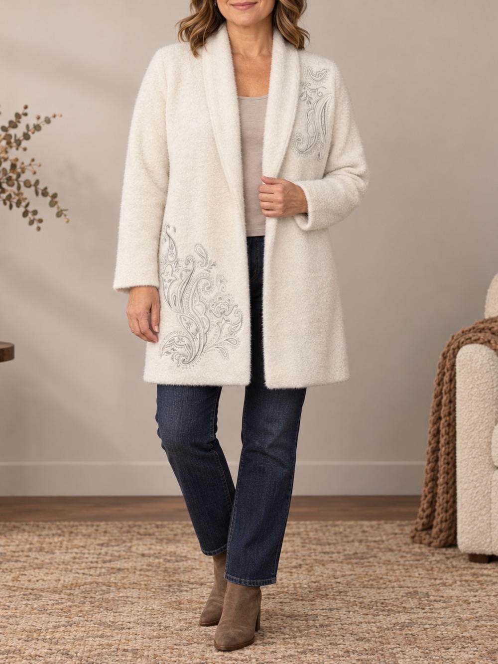 Chico’s Size 2 L Cream Fuzzy Embroidered Paisley Coatigan Cardigan